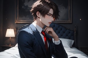 Dark Moody Atmosphere, {prompt}, dramatic, mysterious, dark moody atmosphere, masterpiece, beautiful and aesthetic, ultra detail, intricate, 1male, solo, 23 years old, detailed character design, delicate face, blush, eyes half closed, (looking at viewer), brown short hair, dark blue suit, white shirt, red tie, (side view:1.5), dynamic pose, bold gestures, sitting on bed, in the bedroom