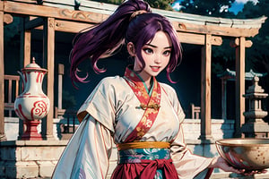 In Chinese mythology, solo, 1girl, big eyes, pink lips, pretty, glad, toothy smile, long curly hair, purple hair, ponytail, tall and thin, hanfu, holding a big bowl, ceramic, dynamic pose, ancient street in the background, outdoors, ancient China style, boichi manga style