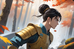 masterpiece, beautiful and aesthetic, ultra detail, intricate, solo, 1male, 25 years old, detailed character design, manly, (puzzled expression:1.5), bushy eyebrows, wide eyes, wide jaw, (black hair, a single hair bun), tall and lean, (ancient Chinese armor, golden), (from side:1.5), dynamic pose, action-packed, forests, mists, autumn leaves fluttering around