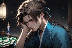 Dark Moody Atmosphere, {prompt}, dramatic, mysterious, dark moody atmosphere, masterpiece, beautiful and aesthetic, ultra detail, intricate, 1male, solo, 23 years old, detailed character design, delicate face, (a pained look), light green eyes, (brown long hair, a bun), blue Hanfu, (straight on:1.5), (holding his head, in pain), ingots, mahjong table, in the mahjong house