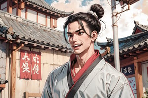 Masterpiece, best quality, detailed character design, UHD, (solo, 1male:1.5), 25 years old, a traditional Chinese physician, serene expression, manly, (wide jaw), (black hair, single bun:1.3), happy, laughing, tall and lean, accurate body and hand anatomy, (hanfu, grey), elegant, looking at viewer, ancient street in the background, outdoors, ancient China style, boichi manga style