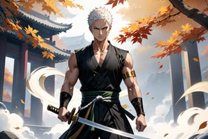 masterpiece, beautiful and aesthetic, ultra detail, intricate, 1male, solo, representation of the legendary martial artist, Roronoa Zoro features, detailed character design, serious expression, (white hair), exquisite body, strong abdominal muscles, (golden armlet:1.2), (black half gloves), black martial arts belt, (black Hanfu, sleeveless), black lace-up ankle brace, (he wields a single golden broadsword, unique and finely detailed), (straight on:1.5), dynamic pose, he stands tall and resolute, exuding an air of strength and unwavering determination. Chinese martial arts animation style, autumn leaves fluttering around, Inspired by Chinese mythology story