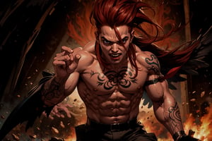 In Chinese mythology, solo, 1male, monster, dishevelled hair, dark red hair, cyan face, fangs, fat lips, wide mouth, strong, muscular, short, (wing), evil, tattooed all over, (full shot:1.2), (holding up token:1.2), ancient China style, boichi manga style