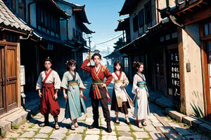 masterpiece, best quality, ultra, UHD, detailed character design, a group of people, men and women, glad, (hanfu), (from above:0.8), long shot, dynamic pose, action-packed, ancient street background, ancient China style, boichi manga style