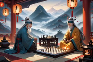 Two elderly sages, wisps of silver hair wisping beneath traditional hats, sit cross-legged on intricately woven silk rugs amidst ancient China's misty mountains. The soft glow of lanterns casts a warm ambiance as they concentrate on the game of Go, their eyes gleaming with intense focus. The chessboard, adorned with delicate carvings, serves as a canvas for their strategic battle.