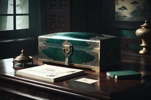 Dark Moody Atmosphere, {prompt}, dramatic, mysterious, dark moody atmosphere, masterpiece, beautiful and aesthetic, ultra detail, intricate, (a delicate jewelry case, deep green, documents inside), on antique table, in the ancient Chinese bedroom, indoors