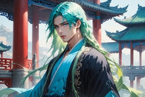 masterpiece, beautiful and aesthetic, ultra detail, intricate, solo, 1male, 25 years old, handsome, (long eyes, blue eyes), (long hair, Split-color Hair, Light Green Hair, Blue Hair), tall, (Han Chinese Clothing, black, flowing robe), from side, dynamic pose, heroic stance, creating a picturesque view of a heavenly palace, bathed in soft and ethereal light.