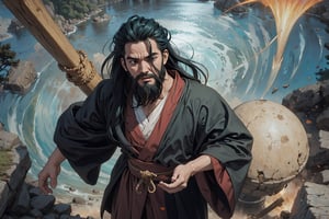 Chinese mythology story, solo, 1man, forty years old, long black hair, two beards, aqua Taoist robe, thin and tall, his expression filled with awe, ask for instructions from God, (from above), boichi manga style