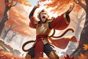 masterpiece, beautiful and aesthetic, ultra detail, intricate, 1male, solo, Monkey King, (monkey features:1.5), detailed character design, (yawn:1.5), red hafu, golden armor, (arms up:1.5), dynamic pose, outdoors, autumn leaves fluttering around, woods