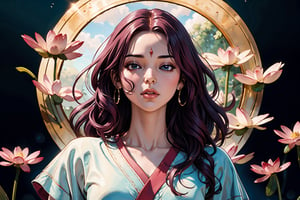 In Chinese mythology, solo, 1girl, beauty, detailed face, delicate features, serene expression, divine, eyes closed, pink lips, long curly hair, purple hair, tall and thin, ethereal glow, celestial aura, warrior, armor, long robe, (digital masterpiece illustration concept art of porcelain statue of buddha gautama, varasana, lotus, padmasana:1.1), bathed in soft, ethereal light, boichi manga style