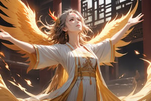 masterpiece, beautiful and aesthetic, ultra detail, intricate, 1female, solo, 50 years old, detailed character design, (sorrow expression), manly, (a phoenix tattoo on forehead:1.5), golden eyes, crescent earrings, (short and messy hair, gradient hair, multicolored hair), (short stature, golden feather wings), (Hanfu, feather), (looking up:1.5), weak pose, (spread hands:1.5), (a phoenix in the background), magic effect, dreamlike, indoors, in the ancient Chinese temple