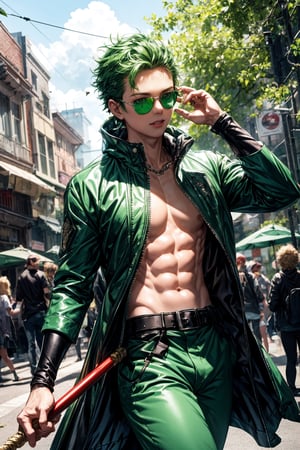 solo, full body shot, leaves fluttering around, bokeh effect on background foliage, Roronoa Zoro, the iconic character from the One Piece anime: "Generate a striking and highly detailed visual representation of the legendary martial artist, Roronoa Zoro, from the One Piece anime. Zoro is known for his distinctive appearance and formidable skills. His hair is a vibrant shade of green, complementing his determined brown eyes. He stands tall and resolute, exuding an air of strength and unwavering determination. Zoro is clad in his signature green outfit, complete with a white haramaki and a bandana. In his skilled hands, he wields a long staff, unique and finely detailed. The long staff should be a reflection of his mastery and the essence of his character. This image should capture the essence of Zoro's iconic appearance, showcasing his powerful presence and his status as one of the most beloved characters in the One Piece series." Photographic cinematic super high detailed super realistic image, 8k HDR super high quality image, masterpiece, perfect eyes, Zoro, ((perfect hands)), ((super high detailed image)), ((perfect long staff)), 