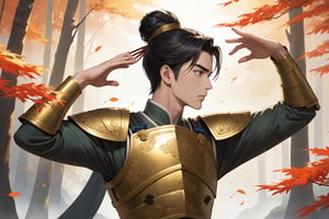 masterpiece, beautiful and aesthetic, ultra detail, intricate, solo, 1male, 25 years old, detailed character design, manly, (puzzled expression), bushy eyebrows, wide eyes, wide jaw, (black hair, a single hair bun), tall and lean, (ancient Chinese armor, golden), (from side:1.5), (hands up), dynamic pose, forests, mists, autumn leaves fluttering around