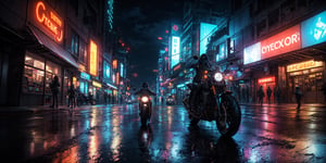 In a neon-lit, (A mother drives a motorcycle with her child), (back:1.3), futuristic cityscape, a cyber-enhanced individual, technologically advanced world, reflective surfaces capture the neon reflections, and dramatic lighting enhances the sci-fi aesthetic, their appearance is a masterpiece of futuristic fashion and cybernetic enhancements, fate/stay background, perfect light
