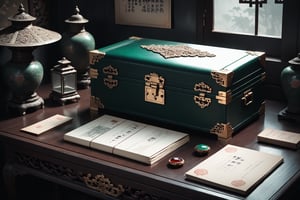 Dark Moody Atmosphere, {prompt}, dramatic, mysterious, dark moody atmosphere, masterpiece, beautiful and aesthetic, ultra detail, intricate, (a delicate jewelry case, deep green, documents inside), on antique table, in the ancient Chinese bedroom, indoors