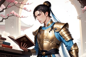 masterpiece, beautiful and aesthetic, ultra detail, intricate, (solo, 1male:1.5), 25 years old, detailed character design, Chinese mythology story, a heavenly guardian, serene expression, manly, bushy eyebrows, big eyes, (wide jaw:1.5), (black hair, a single hair bun), tall and lean, (Han Chinese clothing, armor, brown), from side, taking a book, creating a picturesque view of a heavenly palace, bathed in soft, ethereal light.