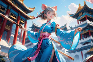 masterpiece, beautiful and aesthetic, ultra detail, intricate, solo, (1female, Pig features, Pig ears), detailed character design, smile sweetly, light pink skin, silver hafu, wide sleeves, blue long skirt, she holding a long stick, (from below:1.5), dynamic pose, Chinese martial arts animation style, outdoors, heavenly palace, countless palaces