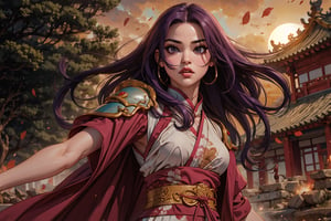 In Chinese mythology, solo, 1girl, big eyes, pink lips, long curly hair, purple hair, tall and thin, warrior, armor, long robe, practice Kung Fu, Chinese martial arts, outdoors, under sunshine, ancient China style, boichi manga style