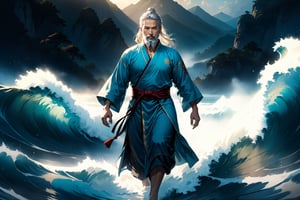 masterpiece, beautiful and aesthetic, ultra detail, intricate, Chinese martial arts animation style, divine, manly, legendary, 1male, solo, (40 years old:1.5), detailed character design, a look of determination, two beards, long grey hair, tall and thin, aqua Taoist robe, straight on, dynamic pose, walking on water, creating a picturesque view of a heavenly palace, wave, bathed in soft and ethereal light.