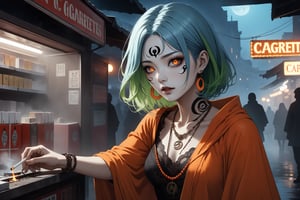 horror-themed {prompt} . eerie, unsettling, dark, spooky, suspenseful, grim, highly detailed, masterpiece, beautiful and aesthetic, ultra detail, intricate, 1female, solo, 45 years old, detailed character design, Asian, mysterious, (facial tattoo:1.2), ghostly eyes, crescent earrings, (medium hair disheveled, Split-color Hair, Deep Green Hair, Blue Hair), small body, full figure, deep orange poncho, bead_necklace, bead_bracelet, dynamic pose, outdoors, (working in cigarettes stall:1.5), night club street, night moon