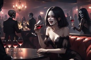 horror-themed {prompt} . eerie, unsettling, dark, spooky, suspenseful, grim, highly detailed, masterpiece, beautiful and aesthetic, ultra detail, intricate, (slut women), (laugh), (drunk), (holding wine glasses), wines on the table, sitting in the couch, indoors, night club, people dance