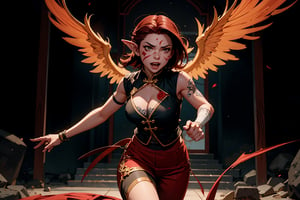 Chinese mythology, solo, 1female, monster_girl, short hair, dark red hair, (facial marks), fierce face, evil face, fangs, sexy lips, (pointed ears), (dark skin), strong body, (phoenix tattoo), (a single wing behind:1.2), dark red vest, long pants, a heavenly guardian, its normally radiant aura now dimmed by mortal wounds, bursts into the grand hall with frantic urgency. The once-stalwart warrior's usually unyielding expression is replaced by a look of desperation as it rushes to convey crucial information to the gathered officials. In a chaotic flurry of motion, the injured god stumbles forward, its usually immaculate attire now disheveled and bloodied, dynamic pose, (captured in mid-leap:1.2), Chinese martial arts animation style