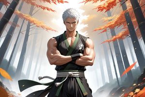 masterpiece, beautiful and aesthetic, ultra detail, intricate, 1male, solo, representation of the legendary martial artist, Roronoa Zoro features, detailed character design, (white hair), exquisite body, strong abdominal muscles, (golden armlet:1.2), (black half gloves), black martial arts belt, (black Hanfu, sleeveless), black lace-up ankle brace, (looking up), (crossed arms:1.5), dynamic pose, forests, mists, autumn leaves fluttering around