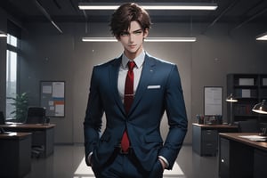 Dark Moody Atmosphere, {prompt}, dramatic, mysterious, dark moody atmosphere, masterpiece, beautiful and aesthetic, ultra detail, intricate, 1male, solo, 23 years old, detailed character design, delicate face, a look of confidence, grin, light green eyes, brown short hair, dark blue suit, white shirt, red tie, (full body:1.2), dynamic pose, (hands in pockets:1.5), bold gestures, (in the office:1.5)