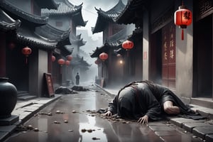 Dark Moody Atmosphere, {prompt}, dramatic, mysterious, dark moody atmosphere, masterpiece, beautiful and aesthetic, ultra detail, intricate, describing a man limbs chopped, crawling on the ground like a maggot, begging for food from passers-by everywhere, ancient Chinese street scene