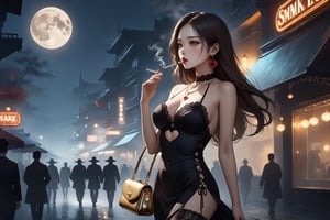 horror-themed {prompt} . eerie, unsettling, dark, spooky, suspenseful, grim, highly detailed, masterpiece, beautiful and aesthetic, ultra detail, intricate, 1female, solo, 20 years old, detailed character design, Asian beauty, pure, romantic mood, feminine soft face, golden eyes, (a cigarette in mouth, smoking), heart earrings, (flowing long hair, brown), detail skin, pore, big breasts, curvaceous, slender waist, (black halter dress, clothing heart shaped cutout, lace trim, leg garter), jewelry necklace, (carry a golden purse), (from side:1.5), dynamic pose, vibrant, outdoors, walking on the street, night club, night moon