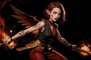 Chinese mythology, solo, 1female, monster_girl, short hair, dark red hair, (facial marks), fierce face, evil face, fangs, sexy lips, (pointed ears), (dark skin), strong body, (phoenix tattoo), (a single wing behind:1.2), (go crazy:1.2), dark red vest, long pants, holding a mace, Chinese martial arts animation style