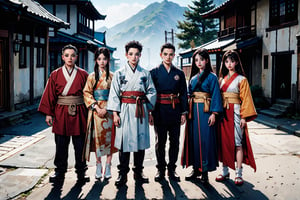 masterpiece, best quality, ultra, UHD, detailed character design, a group of people, 5men, 5women, glad, (hanfu), (from above:0.8), long shot, looking at viewer, random standing, dynamic pose, ancient street background, ancient China style, boichi manga style