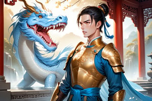 masterpiece, beautiful and aesthetic, ultra detail, intricate, (solo, 1male:1.5), 25 years old, detailed character design, Chinese mythology story, a heavenly guardian, serene expression, manly, bushy eyebrows, big eyes, (wide jaw:1.5), (black hair, a single hair bun), tall and lean, (Han Chinese clothing, armor, brown), upper body, dynamic pose, standing, holding a book, creating a picturesque view of a heavenly palace, bathed in soft, ethereal light.