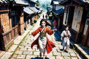 masterpiece, best quality, ultra, UHD, detailed character design, a group of people, men and women, joy, happy, hanfu, from above, far away shot, dynamic pose, action-packed, ancient street background, ancient China style, boichi manga style