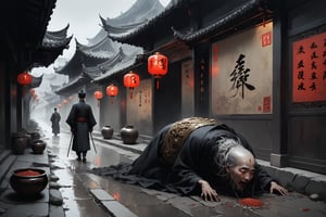 Dark Moody Atmosphere, {prompt}, dramatic, mysterious, dark moody atmosphere, masterpiece, beautiful and aesthetic, ultra detail, intricate, describing a man without limbs, crawling on the ground like a maggot, begging for food from passers-by everywhere, ancient Chinese street scene