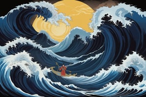 Chinese mythology story, the god displays the evil water magic weapon, dark blue waves.