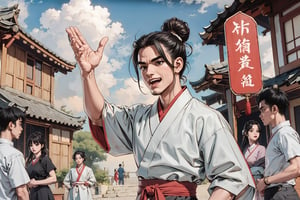 Masterpiece, best quality, detailed character design, UHD, (solo, 1male:1.5), 25 years old, a traditional Chinese physician, serene expression, manly, (wide jaw), (black hair, single bun:1.3), happy, laughing, tall and lean, accurate body and hand anatomy, (hanfu, grey), elegant, straight on, looking at viewer, dynamic pose, surrounded by people, ancient street in the background, outdoors, ancient China style, boichi manga style