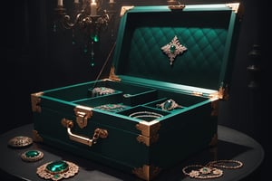 Dark Moody Atmosphere, {prompt}, dramatic, mysterious, dark moody atmosphere, masterpiece, beautiful and aesthetic, ultra detail, intricate, (a delicate jewelry case, deep green), inside the bin