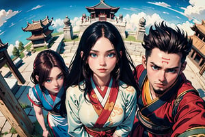 masterpiece, best quality, ultra, UHD, detailed character design, a group of people, men and women, serene expression, hanfu, (face the same direction, look above:1.5), panoramic view, dynamic pose, action-packed, ancient street background, ancient China style, boichi manga style