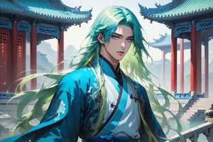 masterpiece, beautiful and aesthetic, ultra detail, intricate, solo, 1male, 25 years old, handsome, (long eyes, blue eyes), (long hair, Split-color Hair, Light Green Hair, Blue Hair), tall, (Han Chinese Clothing, black, flowing robe), straight on, dynamic pose, heroic stance, creating a picturesque view of a heavenly palace, bathed in soft and ethereal light.