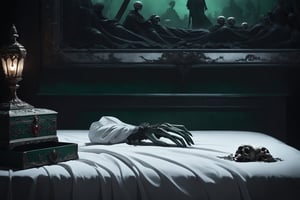 A macabre masterpiece unfolds in a dark, moody atmosphere. A stunningly lit scene reveals a pair of severed hands, laid out carelessly on a pristine white bed. The stark contrast between the pure linens and the gruesome hands creates a visually striking juxtaposition. In the background, a small, ornate jewelry box with intricate carvings sits atop a dark green hand, as if it's holding court over the morbid scene. The overall aesthetic is one of eerie beauty, with an air of mystery and foreboding that draws the viewer in.