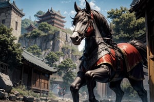A majestic warhorse carries an ancient Chinese general, clad in armor, grasping a sturdy spear, as he stands guard at Shanhaiguan Pass. The imposing structure of the Great Wall snakes across the mountainous landscape, its ancient stones blending seamlessly into the rugged terrain. The general's determined gaze surveys the surroundings, his armor glinting in the sunlight, as the pass's strategic importance is palpable.