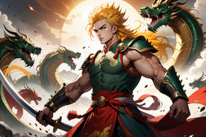 masterpiece, beautiful and aesthetic, ultra detail, intricate, 1male, 20 years old, detailed character design, a heavenly guardian, manly, epic, broad cheeks, (a sun mark on forehead), a look of determination, wide mouth, wide eyes, bushy eyebrows, (spiked hair, yellow hair), tall and strong, muscular, Han Chinese Clothing, Heaven Guard's armor, red armor, holding a Green Dragon Crescent Blade, from side, dynamic pose, heroic stance, powerful pose, Chinese martial arts animation style,  battlefield scene, multiple warriors behind, Inspired by Chinese mythology story