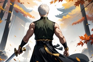 masterpiece, beautiful and aesthetic, ultra detail, intricate, 1male, solo, representation of the legendary martial artist, Roronoa Zoro features, detailed character design, serious expression, (white hair), exquisite body, strong abdominal muscles, (golden armlet:1.2), (black half gloves), black martial arts belt, (black Hanfu, sleeveless), black lace-up ankle brace, (he wields a single golden broadsword, unique and finely detailed), (from behind:1.5), dynamic pose, he stands tall and resolute, exuding an air of strength and unwavering determination. Chinese martial arts animation style, autumn leaves fluttering around, Inspired by Chinese mythology story