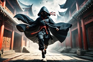 DonM5h4d0w5XL, masterpiece, extreme quality, ultra detailed, intricate, UHD, HDR, Chinese martial arts animation style, dramatic with an air of mystery and intrigue, a dark hooded cloak shadow, dynamic pose, vibrant, action-packed, (jump up, fly in the air:1.5), from ground to the roof, outdoors, ancient China street, mysterious colorful background, 