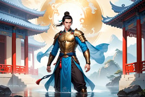 masterpiece, beautiful and aesthetic, ultra detail, intricate, (solo, 1male:1.5), 25 years old, detailed character design, Chinese mythology story, a heavenly guardian, serene expression, manly, bushy eyebrows, wide eyes, wide jaw, (black hair, a single hair bun), tall and lean, (Han Chinese clothing, armor, brown), full body, dynamic pose, standing, holding a book, creating a picturesque view of a heavenly palace, bathed in soft, ethereal light.