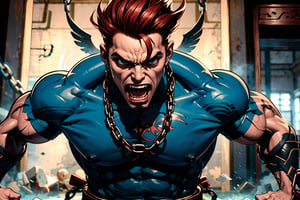 In Chinese mythology, solo, 1male, monster, dishevelled hair, dark red hair, cyan face, fangs, fat lips, wide mouth, strong, muscular, short, (wing), evil, tattooed all over, (shackles, chains, in the prison:1.2), ancient China style, boichi manga style