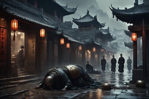 Dark Moody Atmosphere, {prompt}, dramatic, mysterious, dark moody atmosphere, masterpiece, beautiful and aesthetic, ultra detail, intricate, describing a man without limbs, crawling on the ground like a maggot, begging for food from passers-by everywhere, ancient Chinese street scene