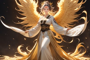 masterpiece, beautiful and aesthetic, ultra detail, intricate, 1female, solo, 50 years old, detailed character design, manly, (a phoenix tattoo on forehead:1.5), smile sweetly, golden eyes, crescent earrings, (short and messy hair, gradient hair, multicolored hair), (short stature, golden feather wings), (Hanfu, feather), (full shot), embodying the spirit of the wild, dynamic pose, (a golden phoenix behind), magic effect, dreamlike, inspired by Chinese mythology story