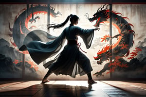 masterpiece, extreme quality, ultra detailed, intricate, UHD, HDR, Chinese martial arts animation style, dramatic with an air of mystery and intrigue, solo, a figure in a dark cloak, shadow on the wall of ancient China , dynamic pose, vibrant, from side, shadow, DonM5h4d0w5XL